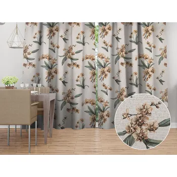 ubrus Bavlněný závěs Sandra SA-624 Hnědé orchideje na bílém 150x160 cm