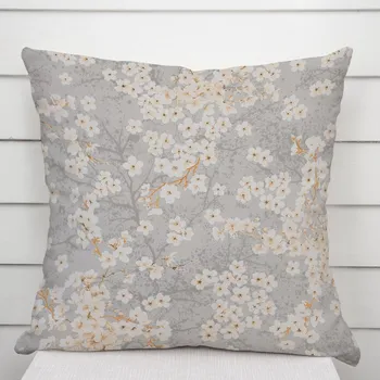 Povlak na dekorativní polštářek Bavlněný povlak na polštář Sandra SA-634 Bílé třešňové květy na šedém 30 x 50 cm
