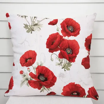 Povlak na dekorativní polštářek Bavlněný povlak na polštář Sandra SA-632 Vlčí máky na bílém 30 x 50 cm