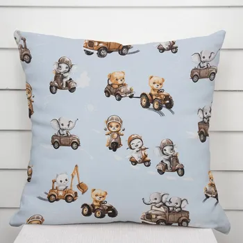 Povlak na dekorativní polštářek Dětský bavlněný povlak na polštář Sandra SA-629 Zvířátka v autech na modrém 50 x 60 cm