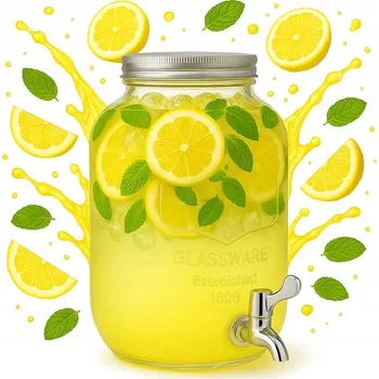 Sklenice SKLENICE Skleněná Nádoba s Kohoutkem 4L s Kovovým Víčkem na Limonádu, Grilování, Nápoje, Vodu