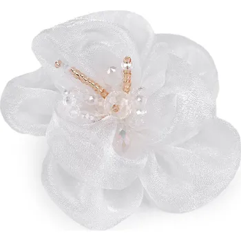 Květ s broušenými skleněnými korálky k našití a nalepení Ø6-7 cm, barva 1 bílá