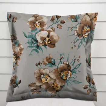 Povlak na dekorativní polštářek Bavlněný povlak na polštář s lemem Sandra SA-622 Hnědé orchideje na šedém 35 x 45 cm