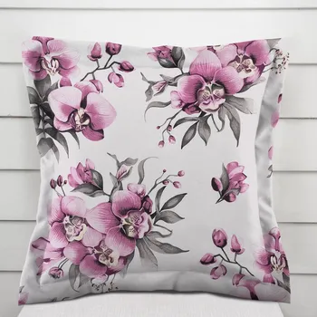 Povlak na polštářek Bavlněný povlak na polštář s lemem Sandra SA-623 Lila orchideje na bílém 50 x 50 cm