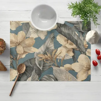 prostírání Dekorační prostírání na stůl Porto PRT-005 Květy a listy na tmavě modrém 30x40 cm