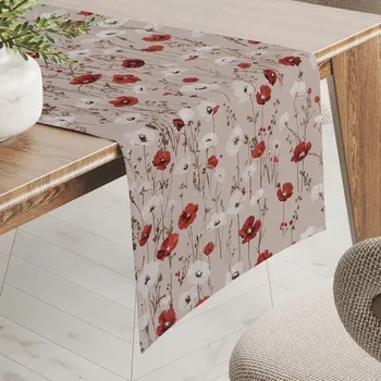 ubrus Bavlněný běhoun na stůl Sandra SA-631 Červeno-bílé vlčí máky na šedobéžovém 20x120 cm