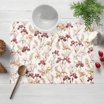 prostírání Bavlněné prostírání na stůl Sandra SA-636 Vínovo-béžové kosatce na bílém 30x40 cm