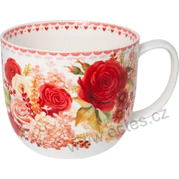 RED ROSES velký porcelánový jumbo hrnek bohaté rozkvetlé květy červených a růžových růží