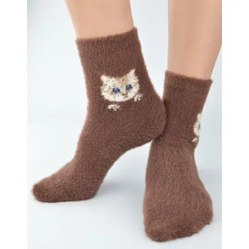 Dámské ponožky Ponožky dámské jemné nadýchané KOČKA SB080, vel. 36-41 hnědé 36-41 hnědá