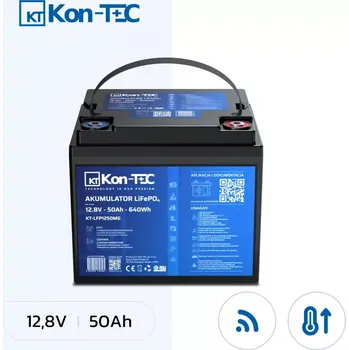 Trakční baterie Baterie KT-LFP1250 Kon-Tec Lithium-železo-fosfátová LiFePO4 baterie 12V, 12,8V 50Ah pro solární panely, obytné automobily a lodě - Wireless BMS System