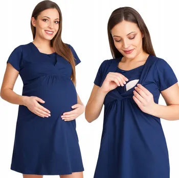 Dámská noční košile TĚHOTENSKÉ PYŽAMO NOČNÍ NA KOJENÍ BAVLNA TMAVĚ MODRÁ SE ZÁLOŽKOU L/XL