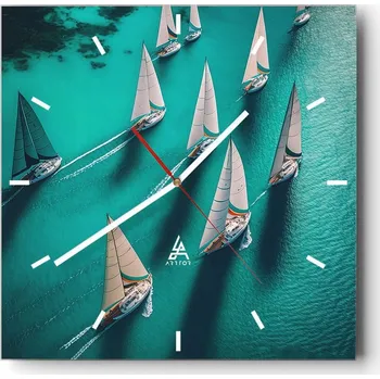 Hodiny Nástěnné hodiny do kuchyně 30x30 Plachetnice Stylové hodiny na skle Loft Tiché