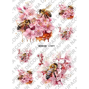 Umělecký papír Rýžový a soft papír na decoupage - Včelky, květina - KB01071 Materiál: Soft, Rozměr: A4
