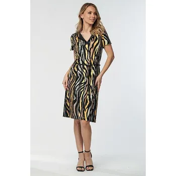 Dámské šaty Volnější černo žluté dámské šaty se zvířecími motivy a légou 7025 velikost S