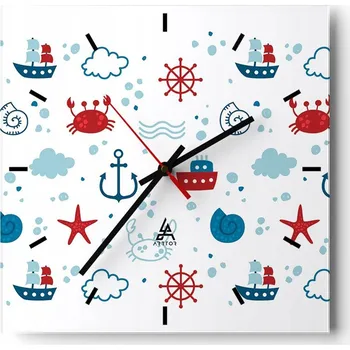 Hodiny Nástěnné hodiny do kuchyně 30x30 Námořnické Stylové hodiny na skle Loft Tiché