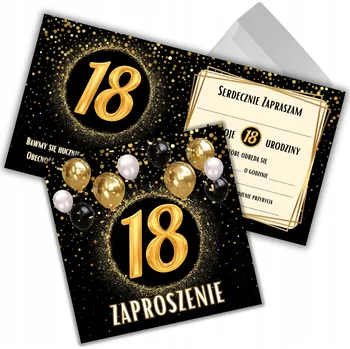 Pozvánka POZVÁNKY NA 18. NAROZENINY + bílá obálka - černo-zlaté balónky