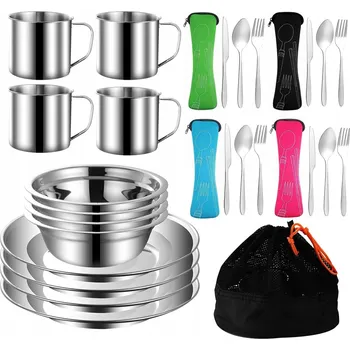 Talíř Sada turistického nádobí a ocelových příborů misky talíře hrnky 29 ks