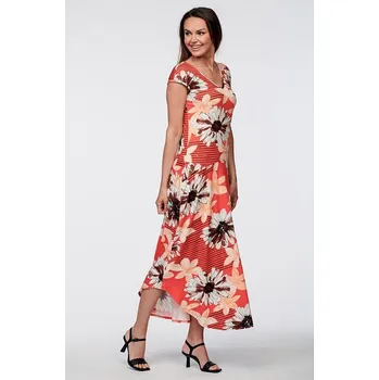 Dámské šaty Dlouhé oranžové dámské šaty s květy a proužky 7027 velikost S
