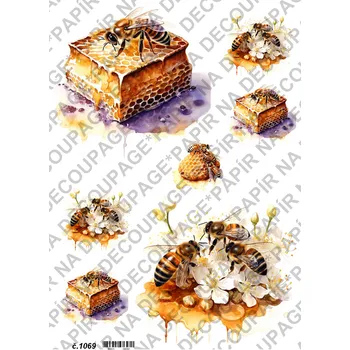 Umělecký papír Rýžový a soft papír na decoupage - Včelky, med - KB01069 Materiál: Soft, Rozměr: A4