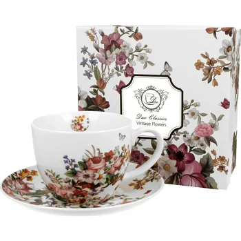 DUO Gifts DG - Porcelánový šálek s podšálkem VINTAGE FLOWERS WHITE v dárkové krabičce - 450 ml