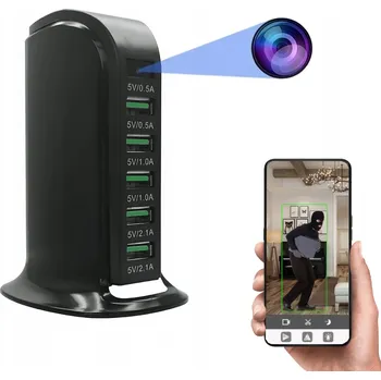 Zabezpečení domácnosti SKRYTÁ WiFi KAMERA V USB NABÍJEČCE 5xUSB ŠPIONÁŽNÍ NABÍJEČKA ŽIVÝ NÁHLED