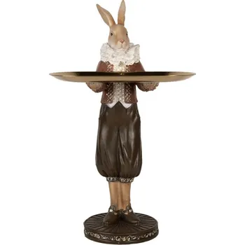 Dekorační figurka zajíc baron v hnědém oděvu se zlatým táckem – 18x17x31 cm