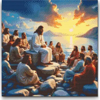 Diamantové malování Diamantové malování - Kázání Ježíše u západu slunce Velikost: 50x50cm, Rámování: Pouze srolované plátno, Diamanty: Čtvercové