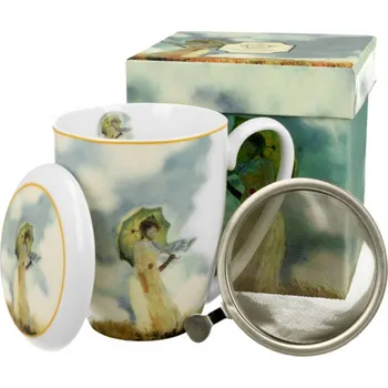 DUO Gifts DG - Porcelánový hrnek se sítkem a víčkem C. Monet Žena s deštníkem v dárkové krabičce - 380 ml