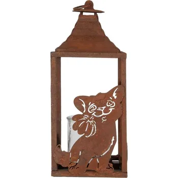 Svícen Hnědá kovová lampa s reliéfem kočičky – 15x15x37 cm