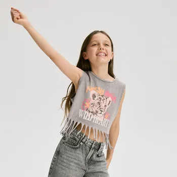 Dívčí tričko Reserved - Top s třásněmi - tmavě šedá - 565EX-90X - 565EX-90X-164