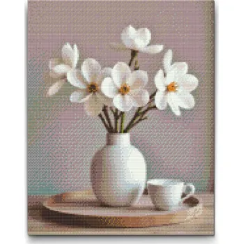 Diamantové malování Diamantové malování - Jarní bílé květiny ve&nbsp;váze Velikost: 30x40cm, Rámování: Pouze srolované plátno, Diamanty: Kulaté