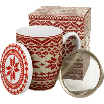 DUO Gifts DG - Porcelánový hrnek se sítkem a víčkem vánoční SVETR červený v dárkové krabičce - 380 ml