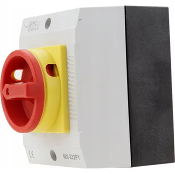 vypínač Křížový vačkový spínač v pouzdře 0-1 32A odpojovač IP65 žluto-červený