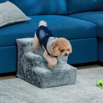 Pelíšek pro psa PawHut Schůdky pro psy s plyšovým potahem, třístupňové, šedé 495501