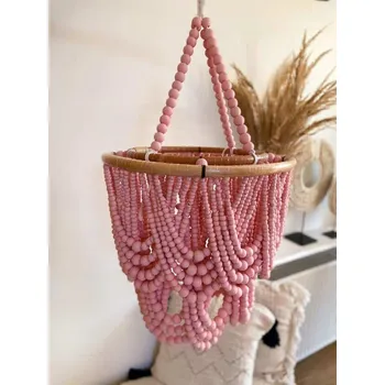 Boho Lustr z Dřevěných Korálků Stropní Svítidlo Závěsné Lampy RŮŽOVÁ M