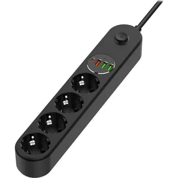 Napájecí kabel COLORWAY Prodlužovací napájecí přívod/ 4x Schuko/ 3x USB-A / 1x USB-C/ 45W/ Černý/ kabel 2m
