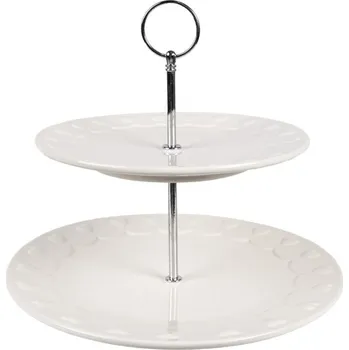 Talíř Bílý keramický etažér se srdíčky a stříbrným kovovým držadlem – 26x26 cm