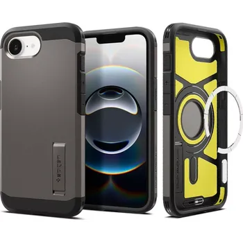 Pouzdro na mobilní telefon Spigen Tough Armor MagSafe iPhone 16e šedý se stojánkem (Odolný kryt Spigen Tough Armor MagSafe pro iPhone 16e – šedý, se stojánkem a pěnovou výplní)