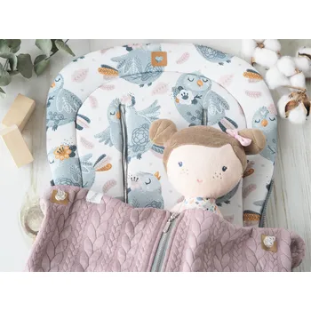 SET Podložka prodloužená (Grey Birds, šedý fleece) + copánková deka (violet pink, šedý fleece)