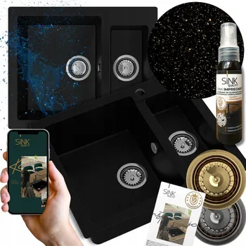 Granitový dřez DŘEZ kuchyňský 1,5-komorový GRANITOVÝ ZLATÝ metalický 60 cm + SIFON MANUÁLNÍ