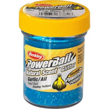Umělá nástraha Obalovací těsto Berkley PowerBait Natural Glitter Trout Dough 86gr Česnek Blue Glitter