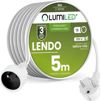 Prodlužovací kabel Síťový prodlužovací kabel s uzemněním 1 zásuvka 5m bílý kabel Lendo Lumiled