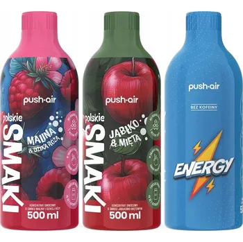 Sirup 3x SIRUP KONCENTRÁT PUSHAIR MALINA S RŮŽÍ + JABLKO MÁTA + ENERGETICKÝ NÁPOJ 500ML
