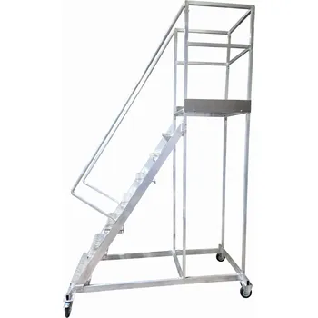 Žebřík Pojízdný hliníkový žebřík s plošinou, výška plošiny 2,25 m, 8 stupňů + plošina.