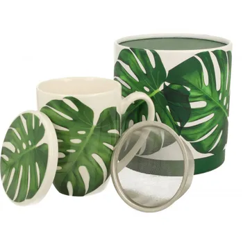 DUO Gifts DG - Porcelánový hrnek se sítkem a víčkem, dekor Monstera v dárkové krabičce - 420 ml