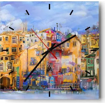 Hodiny Nástěnné hodiny do kuchyně 30x30 Město Stylové hodiny na skle Loft Tiché