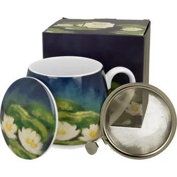 DUO Gifts DG - Porcelánový hrnek barylka se sítkem a víčkem NENUFARS inspired by Monet v dárkovém balení - 430 ml