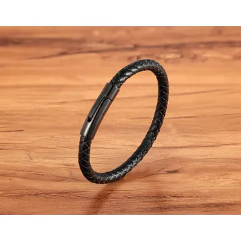 Náramek B-TOP Splétaný náramek z nerez oceli a kůže - černý Délka: 23cm