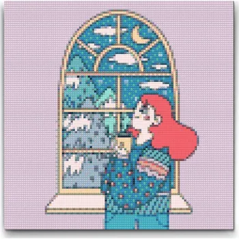 Diamantové malování Diamantové malování - Ilustrace - Čaj u okna Velikost: 30x30cm, Rámování: Pouze srolované plátno, Diamanty: Kulaté