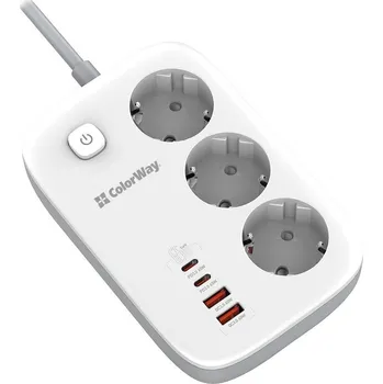 Napájecí kabel COLORWAY Prodlužovací napájecí přívod/ 3x Schuko/ 2x USB-A 60W/ 2x USB-C 65W/ kabel 2m